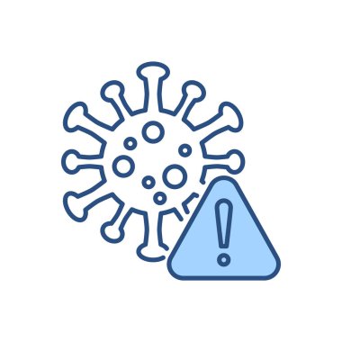 Corona virüsü ile ilgili vektör ikonu. Üzerinde uyarı üçgeni işareti ve ünlem işareti olan Coronavirus. Beyaz arka planda izole edilmiş. Corona virüsü tehlike işareti. Düzenlenebilir vektör illüstrasyonu