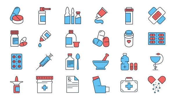 stock vector Drugs Related Vector Icons set. Drugs signs. Contains such Icons as Pills, Spray, Syringe, First Aid, Gel, Recipe, Syrup, Pills Tube, Tooth Paste, Capsule, Vitamin, Inhaler, Eye Drops