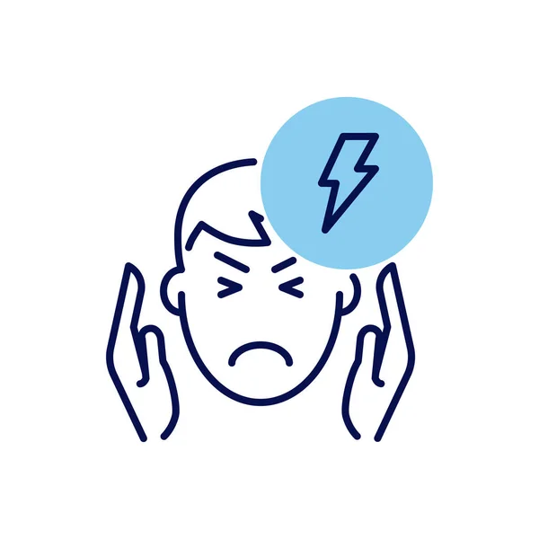 頭痛関連のベクトルアイコン 寺院で彼の手に頭痛の種の男の頭 頭痛の兆候だ 白い背景に隔離されている 編集可能なベクトル図 — ストックベクタ