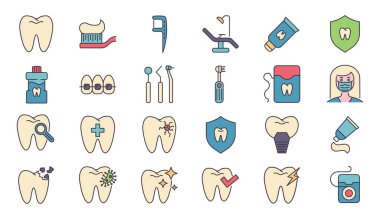 Diş bağlantılı vektör simgeleri ayarlandı. İkonalar, diş macunu, diş aletleri, diş ipi, diş fırçası, diş macunu, diş ağrısı, implant. Beyaz arkaplanda izole