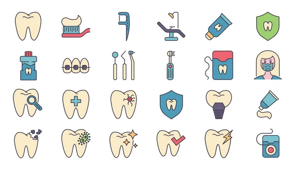 Dentalbezogene Vektorsymbole Gesetzt Inklusive Symbole Zahnstuhl Zahnpasta Zahnwerkzeuge Zahnseide Karies — Stockvektor
