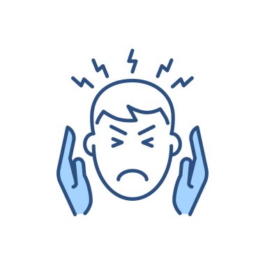 Baş ağrısı bağlantılı vektör simgesi. Şakaklarında baş ağrısı olan bir adam. Baş ağrısı işareti. Beyaz arka planda izole edilmiş. Düzenlenebilir vektör illüstrasyonu