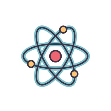 Atomla ilgili vektör çizgisi simgesi. Nükleer enerji kaynağı. Bilim sembolü. Atomik yapı modeli. Elektronlar, nötronlar ve protonlar. Atom çekirdekleri. Nükleer madde ve güç. Vektör illüstrasyonu