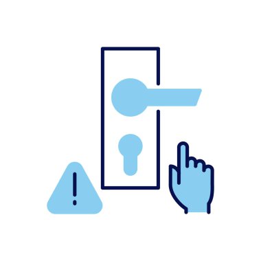 Kapı kolu vektör simgesine dokunma. Üçgende kapı tokmağı, el ve ünlem işareti. Kapı işaretine dokunmayın. Beyaz arka planda izole edilmiş. Düzenlenebilir vektör illüstrasyonu