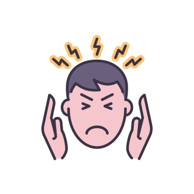 Baş ağrısı bağlantılı vektör simgesi. Şakaklarında baş ağrısı olan bir adam. Baş ağrısı işareti. Beyaz arka planda izole edilmiş. Düzenlenebilir vektör illüstrasyonu