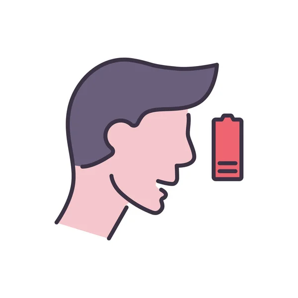 Ikona Wektora Związanego Zmęczeniem Głowa Człowieka Bateria Niskim Naładowaniem Znak — Wektor stockowy