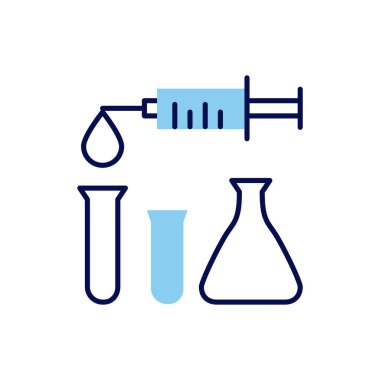 Şırınga ve laboratuvar tüpleriyle ilgili vektör çizgisi simgesi. Test tüpü. Beyaz arka planda izole edilmiş. Vektör çizimi. Düzenlenebilir vuruş