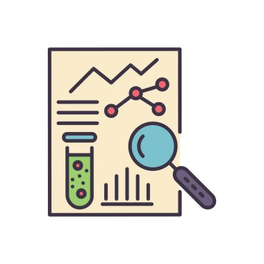 Tıbbi Analizler İlgili Vektör Simgesi. Test ampulü, grafikler ve büyüteçle araştırma kağıdı. Beyaz Arkaplan 'da araştırma yazısı izole edildi. Vektör İllüstrasyonu