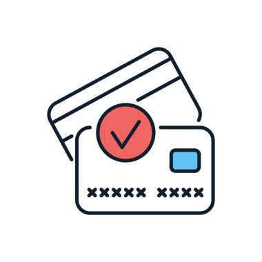 Kredi kartı bağlantılı vektör simgesi. Çek işaretli kredi kartları. Beyaz arka planda izole edilmiş. Düzenlenebilir vektör illüstrasyonu