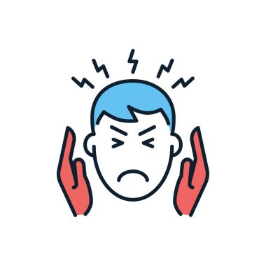 Baş ağrısı bağlantılı vektör simgesi. Şakaklarında baş ağrısı olan bir adam. Baş ağrısı işareti. Beyaz arka planda izole edilmiş. Düzenlenebilir vektör illüstrasyonu