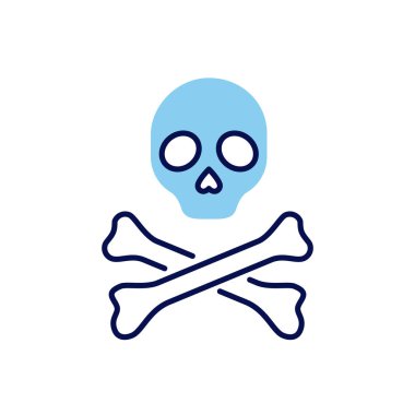 Kafatası ve kemikle ilgili vektör simgesi. Ölüm ve korsanların sembolü. Kafatası ve kemikler. Beyaz arka planda izole edilmiş. Düzenlenebilir vektör illüstrasyonu