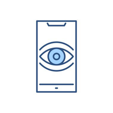 Gözetim akıllı telefonu bağlantılı vektör simgesi. Gözler akıllı telefon ekranında kullanıcı takibini sembolize ediyor. Beyaz arka planda izole edilmiş. Düzenlenebilir vektör illüstrasyonu