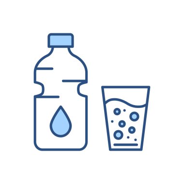 Suyla ilgili vektör simgesi. Bir şişe su ve dolu bir bardak. Su içme işareti. Beyaz arka planda izole edilmiş. Düzenlenebilir vektör illüstrasyonu