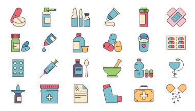 Uyuşturucuyla İlgili Vektör Simgeleri ayarlandı. Uyuşturucu işaretleri. Haplar, sprey, şırınga, ilk yardım, jel, reçete, şurup, hap tüpü, diş macunu, kapsül, vitamin, sprey, göz damlası gibi ikonlar içerir.