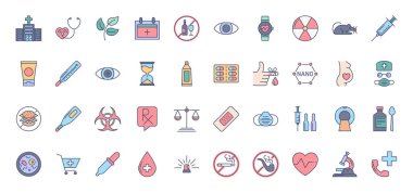 Tıbbi Vektör Simgeleri ayarlandı. Mobil Konseptler ve Web Uygulamaları için Elementlerle Ana Tasarım Tıp ve Sağlık Hizmetlerinde Satır Simgeleri, İmza ve Sembolleri. Koleksiyon Modern Infographic Logo ve Pictogram