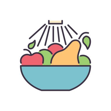 Meyvelerle ilgili vektör simgesini yıka. Su bir kase meyvenin üzerine dökülüyor. Meyve tabelalarını yıka. Beyaz arka planda izole edilmiş. Düzenlenebilir vektör illüstrasyonu