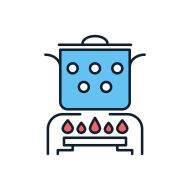 Sıcak yemek pişirme vektör ikonu. Tava gaz ocağında. Sıcak yemek tabelası. Beyaz arka planda izole edilmiş. Düzenlenebilir vektör illüstrasyonu