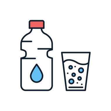 Suyla ilgili vektör simgesi. Bir şişe su ve dolu bir bardak. Su içme işareti. Beyaz arka planda izole edilmiş. Düzenlenebilir vektör illüstrasyonu