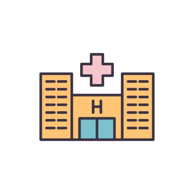 Hastaneyle ilgili vektör çizgisi simgesi. Tıbbi tesis. Acil bakım merkezi. Hastane binası. Birincil bakım. Kasaba kliniği cephesi. Beyaz arka planda izole edilmiş. Vektör çizimi. Düzenlenebilir vuruş