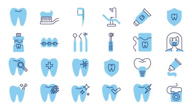 Diş bağlantılı vektör simgeleri ayarlandı. İkonalar, diş macunu, diş aletleri, diş ipi, diş fırçası, diş macunu, diş ağrısı, implant. Beyaz arkaplanda izole