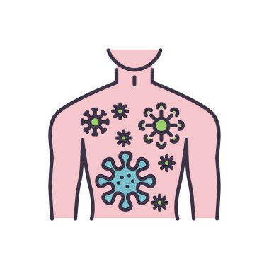 Enfeksiyon bağlantılı vektör simgesi. Virüslü erkek gövdesi. Beyaz arka planda izole edilmiş. Enfeksiyon belirtisi. Düzenlenebilir vektör illüstrasyonu