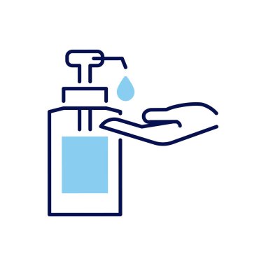 El dezenfektanı ile ilgili vektör ikonu. Dezenfektan avuç içine damlıyor. El dezenfektanı işareti. Beyaz arka planda izole edilmiş. Düzenlenebilir vektör illüstrasyonu