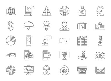 Mobil kavramlar ve uygulamalar için elementler içeren düz tasarım vektör iş çizgisi simgelerini ayarlayın. Ticaret, yönetim, finans, strateji ve pazarlama simgeleri. Koleksiyon logosu ve piktogram. Düzenlenebilir Vuruş