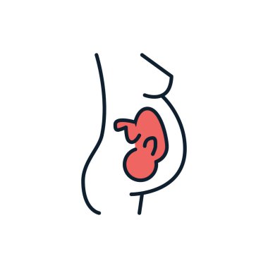 Hamilelikle ilgili vektör çizgisi simgesi. Kadın, vücut, çocuk. Beyaz arka planda izole edilmiş. Vektör çizimi. Düzenlenebilir vuruş