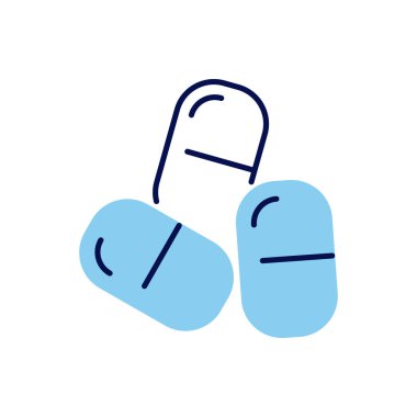 Haplarla ilgili vektör çizgisi ikonu. Haplar doğrusal ikon. Eczacılık ürünleri. Kişisel sağlık hizmetleri için vitamin. Aspirinli kapsüller. Beyaz arka planda izole edilmiş. Vektör illüstrasyonu Düzenlenebilir vuruş