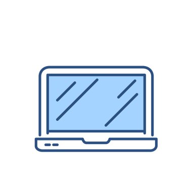 Dizüstü bilgisayarla ilgili vektör simgesi. Beyaz arka planda izole edilmiş. Vektör illüstrasyonu