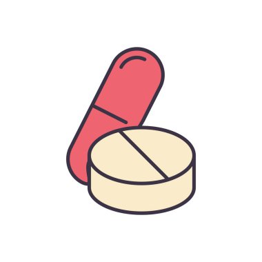 Haplarla ilgili vektör çizgisi ikonu. Haplar doğrusal ikon. Eczacılık ürünleri. Kişisel sağlık hizmetleri için vitamin. Aspirinli kapsüller. Beyaz arka planda izole edilmiş. Vektör illüstrasyonu Düzenlenebilir vuruş