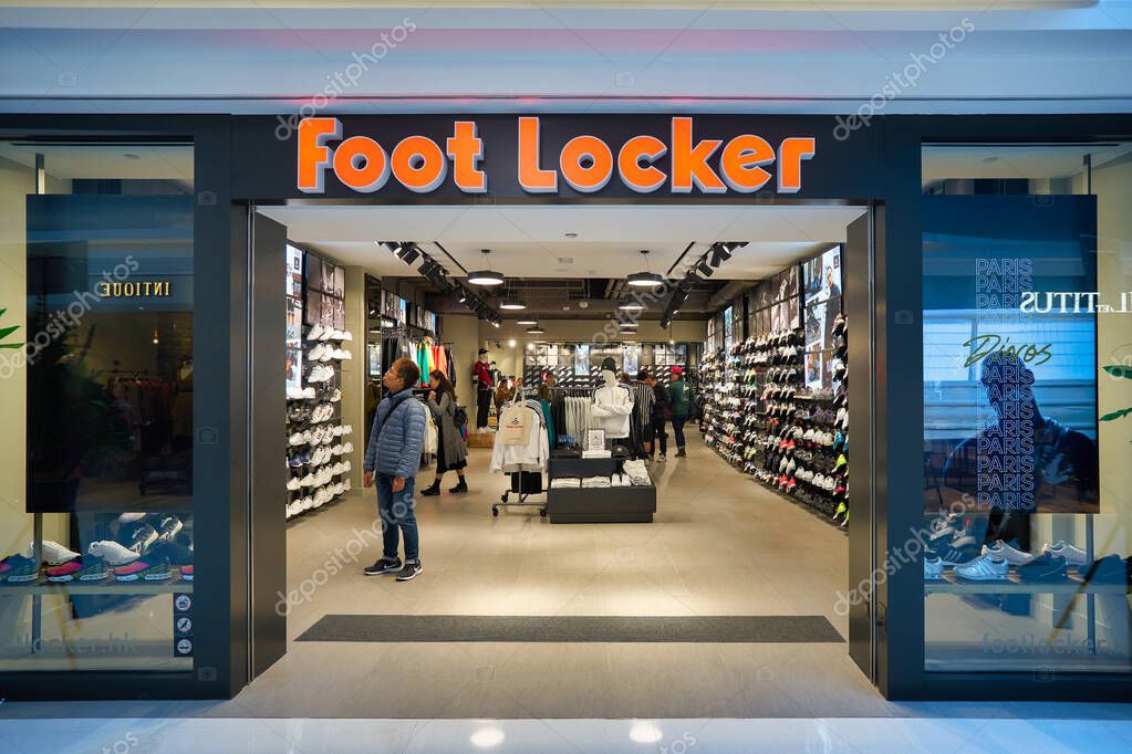 HONG KONG - CIRCA DECEMBER, 2019: entrance to Foot Locker store in Hong Kong. Foot Locker Retail, Inc. is an American sportswear and footwear retailer.