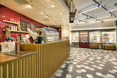 HONG KONG - CIRCA Aralık 2019: Pret a Manger 'ın iç çekimi. Pret a Manger, Birleşik Krallık merkezli uluslararası bir sandviç dükkanı zinciri..