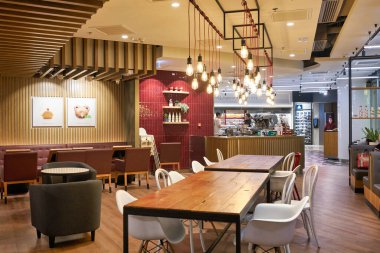 HONG KONG - CIRCA Aralık 2019: Pret a Manger 'ın iç çekimi. Pret a Manger, Birleşik Krallık merkezli uluslararası bir sandviç dükkanı zinciri..