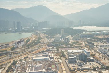 HONG KONG - CIRCA Aralık 2019: Hong Kong Uluslararası Havalimanı 'ndan havalandıktan sonra Aeroflot Boeing 777-300ER' den havadan görüş. 