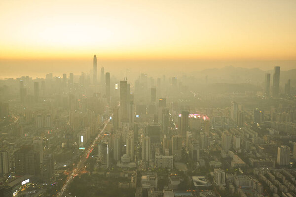 SHENZHEN, CHINA - NOVEMBER 30, 2019: aerial view of Shenzhen as seen from Kingkey 100.
