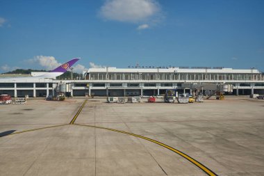 PHUKET, THAILAND - CIRCA JANUARY, 2020: Phuket Uluslararası Havaalanı Tayland Havayolları Airbus A350 'de gündüz görüldü.