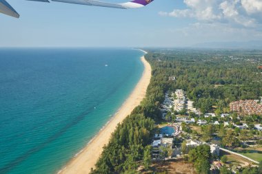 PHUKET, THAILAND - CIRCA JANUARY, 2020: Phuket Uluslararası Havaalanından havalandıktan sonra Thai Airways Airbus A350 'den havadan görüş.