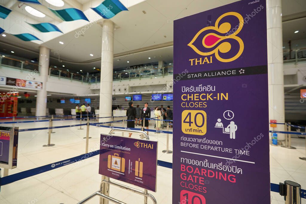 PHUKET, THAILAND - CIRCA JANUARY, 2020: Thai Airways check-in area in Phuket International Airport.