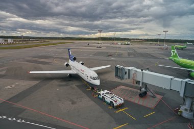 MOSCOW, RUSSIA - CIRCA SEPTEMBER, 2019: Yakovlev Yak-42 on tarmac at Moscow Domodedovo Airport. clipart