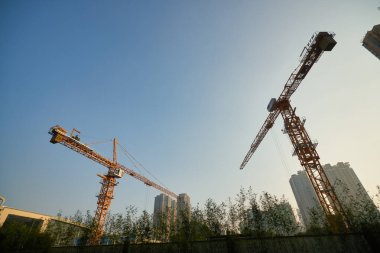 ŞENZHEN, ÇİN - 27 Kasım 2019: Akşam Shenzhen 'deki inşaat alanında vinç görüldü.
