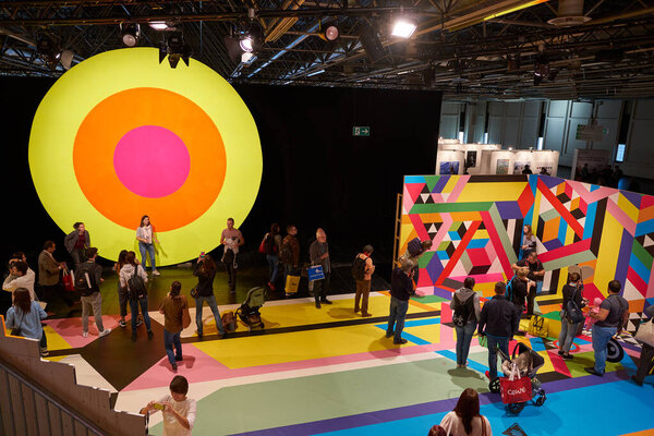 COLOGNE, GERMANY - CIRCA SEPTEMBER, 2018: atmosphere at Olympus Perspective Playground in Photokina Exhibition. Photokina is a trade fair held in Europe for the photographic and imaging industries.