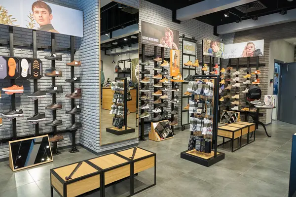 stock image MOSCOW, RUSSIA - CIRCA SEPTEMBER, 2019: interior shot of Timberland store at Salaris shopping mall in Moscow.