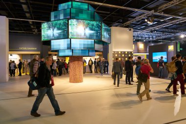 COLOGNE, GERMANY - CIRCA SEPTEMBER, 2018: Nikon space at Photokina Exhibition. Photokina is a trade fair held in Europe for the photographic and imaging industries. clipart