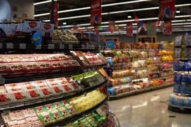 BANGKOK, THAILAND - CIRCA APRIL, 2023: interior shot of Tops Food Hall premium grade supermarket in CentralWorld shopping center in Bangkok.  clipart