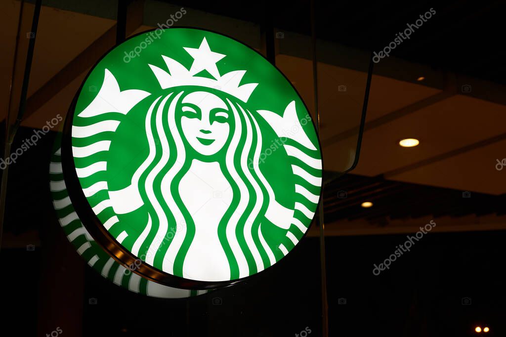 PATTAYA, THAILAND - CIRCA APRIL, 2023: Starbucks Siren logo as seen in Pattaya.
