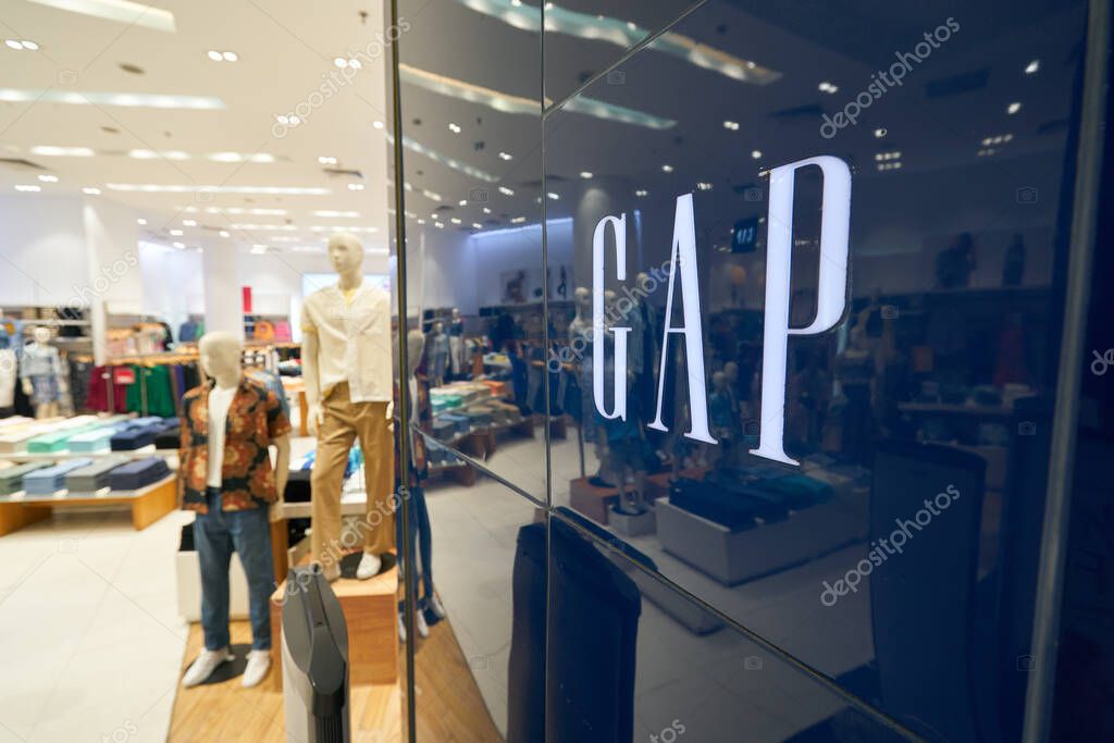 HO CHI MINH CITY, VIETNAM - CIRCA MARCH, 2023: close up shot of GAP sign seen at the store in Crescent Mall.