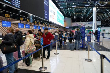 MOSCOW, RUSSIA - CIRCA JANUARY, 2023: Sheremetyevo Alexander S. Pushkin Uluslararası Havalimanı 'na giriş alanı.