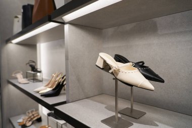 ŞARKI - NOVEMBER 05, 2023: Marinadaki Sands Dükkanındaki Charles ve Keith mağazasında ayakkabılar sergilendi.