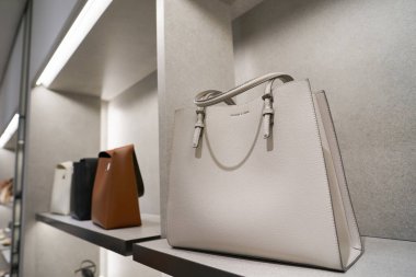 ŞARKI - NOVEMBER 05, 2023: çantalar Marina Körfezi Sands 'deki dükkanlarda Charles ve Keith mağazalarında sergileniyor.